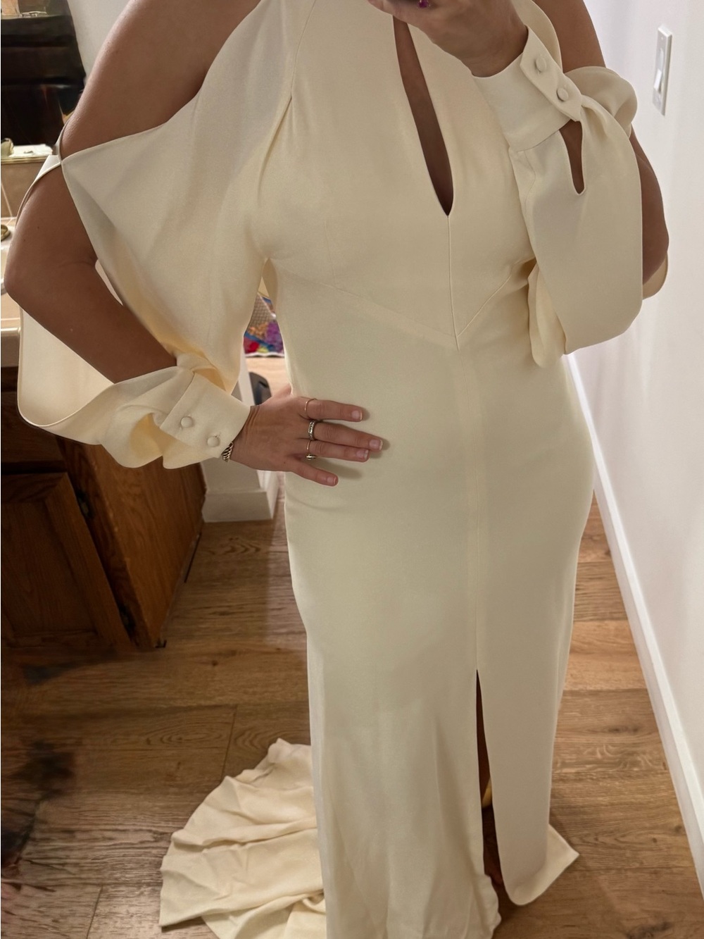 J Mendel Cold-Shoulder Cream Formal Gown with Keyhole Detail